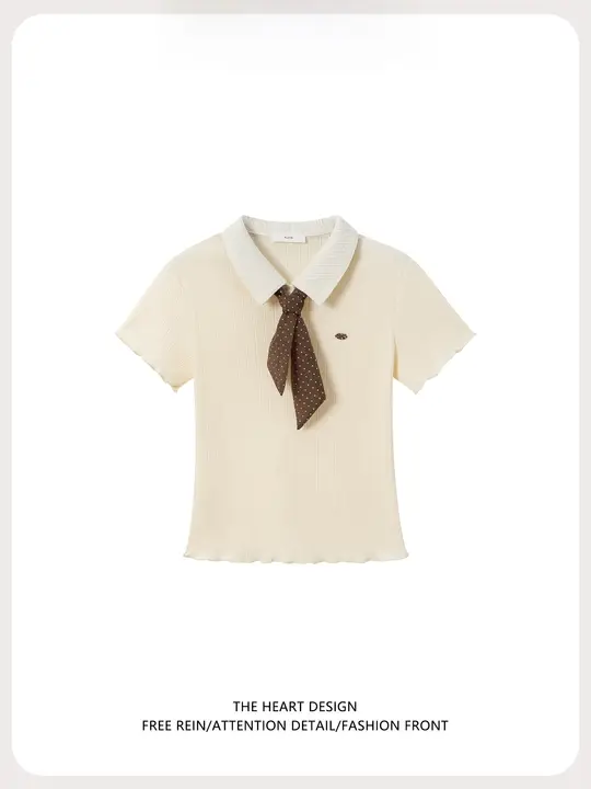 夏季学院風ドットデザイン ポロ襟短袖Tシャツ【木耳辺付き・女性用】