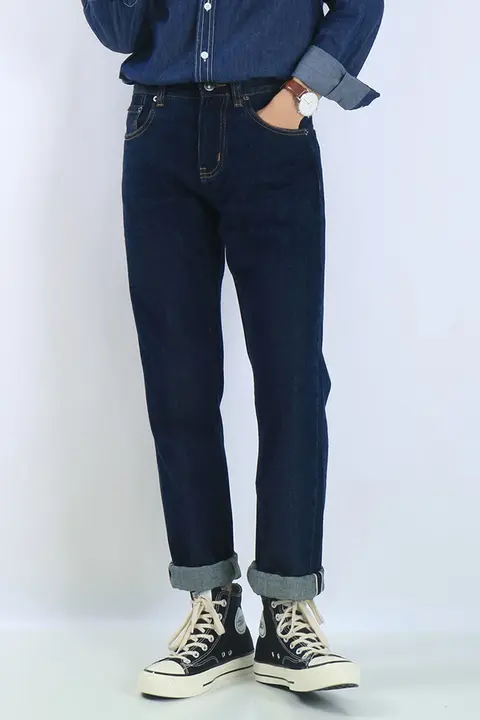 赤耳デニムパンツ【メンズ・ストレートシルエット・ウォッシュ加工・深青色】
