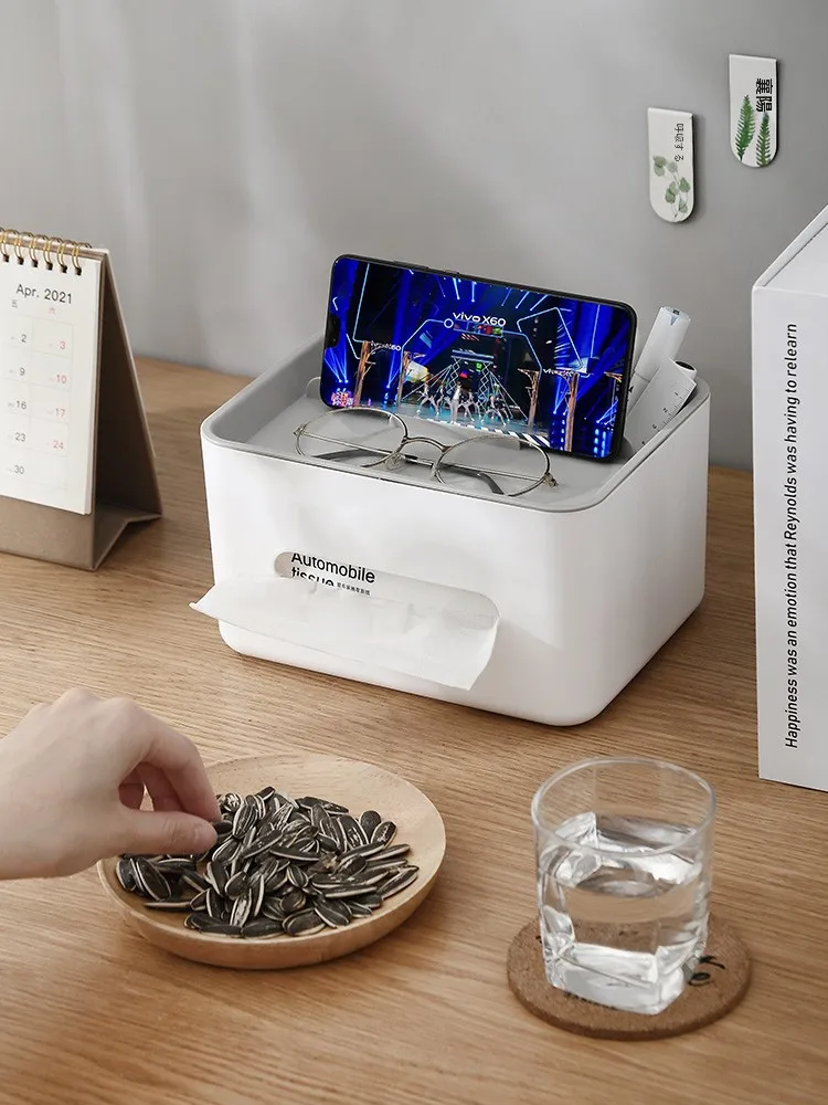 シンプルでスタイリッシュなティッシュボックス：多機能リモコン収納付きの日常使いやすさを実証