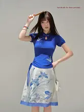 Tシャツ レディース 蝶刺繍 スタンドカラー 大きいサイズ チャイナテイスト インナー 夏 藍色