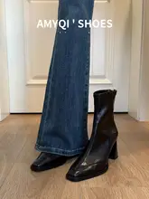 真皮製 フランス風 ビンテージデザインのスクエアトゥヒールショートブーツ【厚底・秋冬用・裏地ふわふわ】