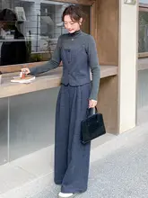 洗練された大人の春秋コーデ！ネイビー格子柄ノースリーブトップス＆ワイドパンツ（セットアップ対応）