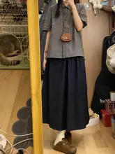 レトロなダークブルーのAラインスカート【コットン製・中長丈・女性用】