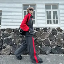 秋季用 ハイストリートスタイルのブラック＆ホワイト配色 ジャケット【立ち襟・ジッパー・男性用】と ワイドパンツ【スポーツ・弯刀デザイン】（セットアップ対応）