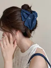 青いデニム風リボンとじクリップ【ボリュームのある髪型用・高級感溢れるデザイン】
