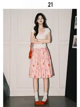 プリーツスカート レディース ミディアム丈 Aライン ハイウエスト 花柄 ピンク 甘め インスタ映え 「Forever 21」