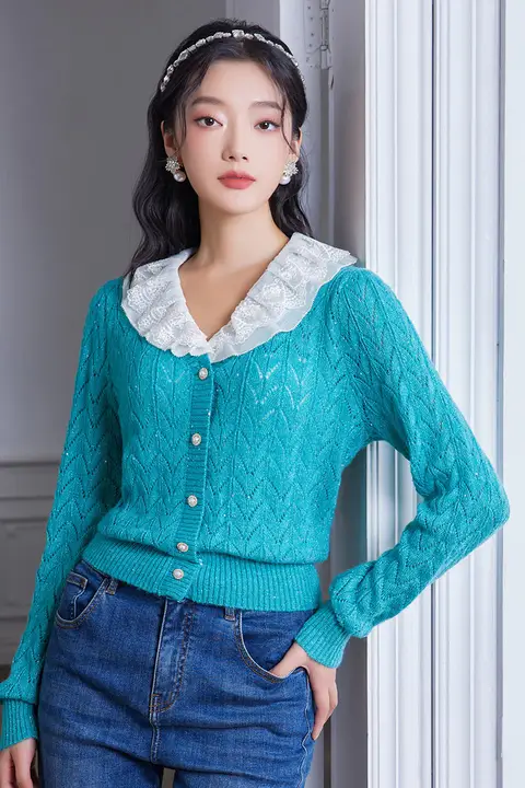 取り外し可能な襟付きニットカーディガン【秋用・ショートスタイル・女性用】