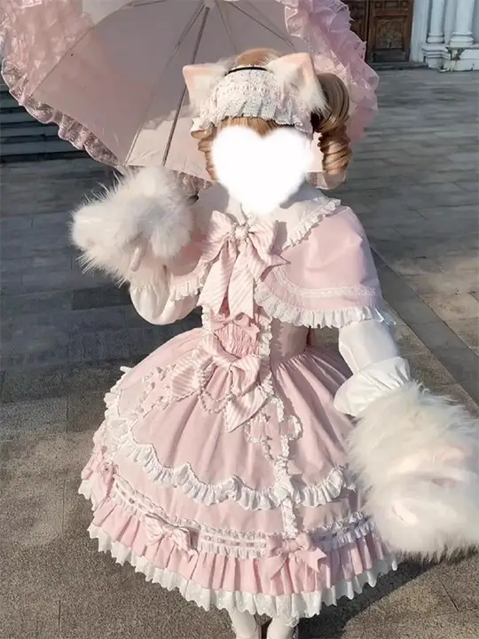 可愛いピンクの少女ロリータドレス【フリル・ケープ付き・華やかデザイン】