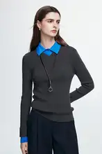初秋にぴったり！バイカラーPolo衿デザインのニットトップス【100%ウール・スリムフィット・女性用】（セットアップ対応）