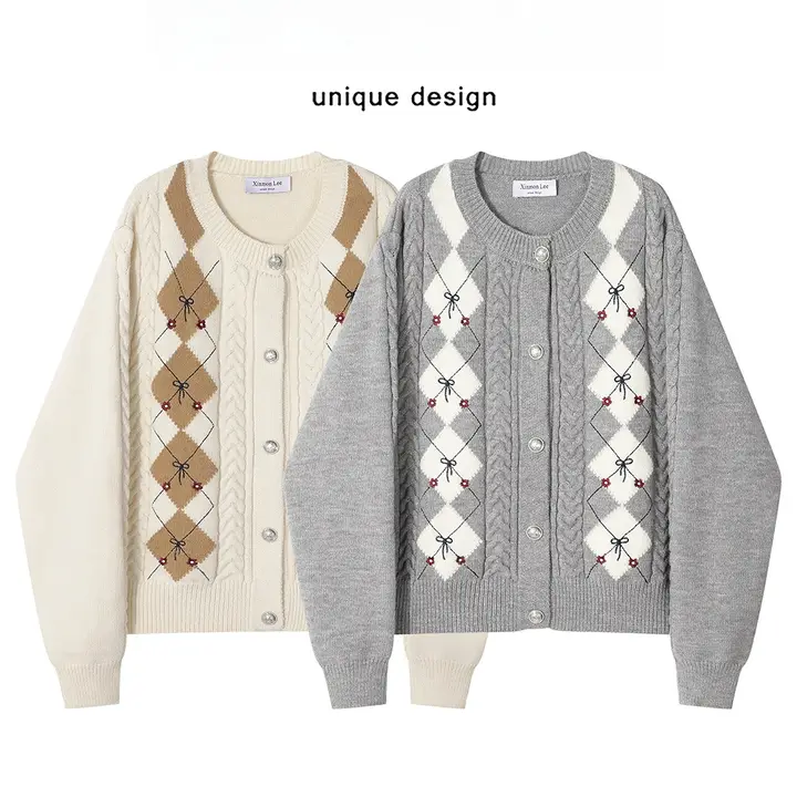セーター レディース ひし形柄 蝶結び ヴィンテージ ルーズ 上品 大人可愛い 着回し 秋冬「XinmonLee」