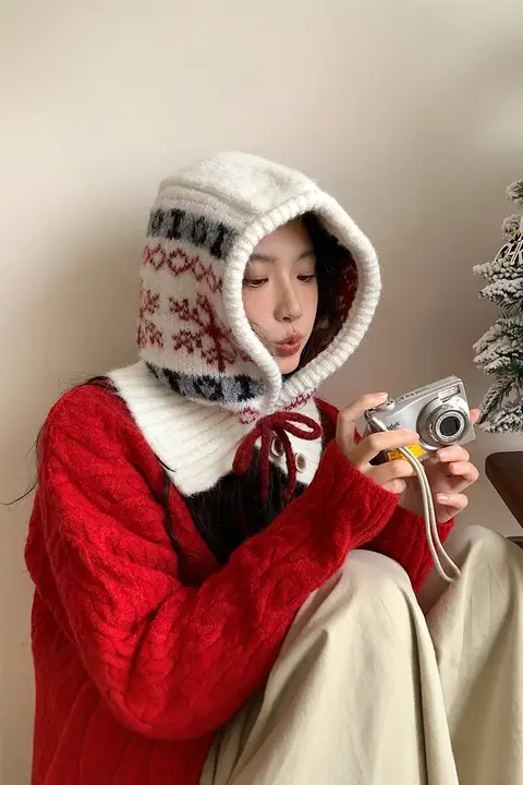 女性用 羊毛ニット耳あて付きバラクラバ帽【秋冬用・保温・暖かい】
