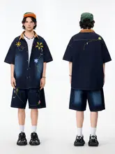 復古風ウォッシュ加工刺繍入りデニムシャツ【夏用・ゆったりシルエット・半袖】
