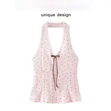 バックオープンデザインのドット柄ノースリーブトップス【バタフライボウ・Vネック・女性用】