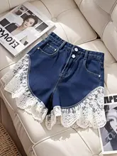 レースフリル付きハイウエストデニムショートパンツ【夏用・マッチ】【セットアップ対応】