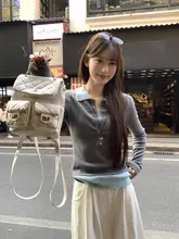 ポロ襟長袖ニットトップス【春用・カラーブロック・フィットデザイン】