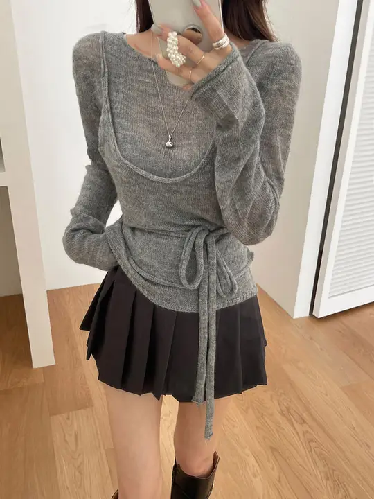 秋のトレンド！絶妙なレイヤードデザインのニットタンクトップ【極上の柔らかさ・女性用】（セットアップ対応）