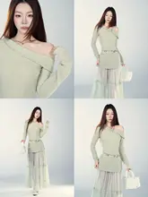 斜め肩デザインの長袖ワンピース【春用・メッシュ切替・女性用・エレガントスタイル】