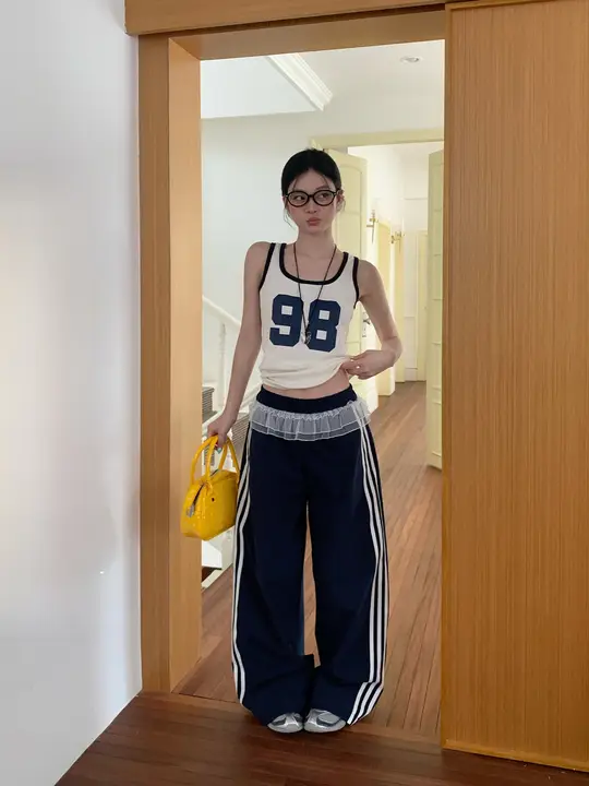 夏用ハイウエストストライプワイドパンツ【レースデザイン・カジュアル】（セットアップ対応）