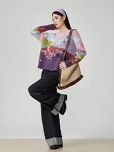 芸術的な油絵刺繍入りのカラフルなクルーネックニットセーター【春用・女性用】