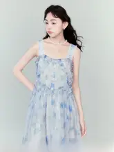 リゾート用マットプリントビーチドレス【ブルー・肩紐付き・タンクトップスタイル】