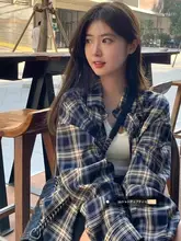 レトロなデザインのブルーチェックシャツ【ゆったりフィット・カーディガンスタイル・秋用】