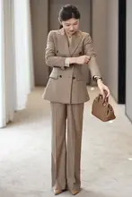 春秋用 カーキ色 ストレートパンツ セットアップ【女性用・ビジネススーツ・ジャケット付き】