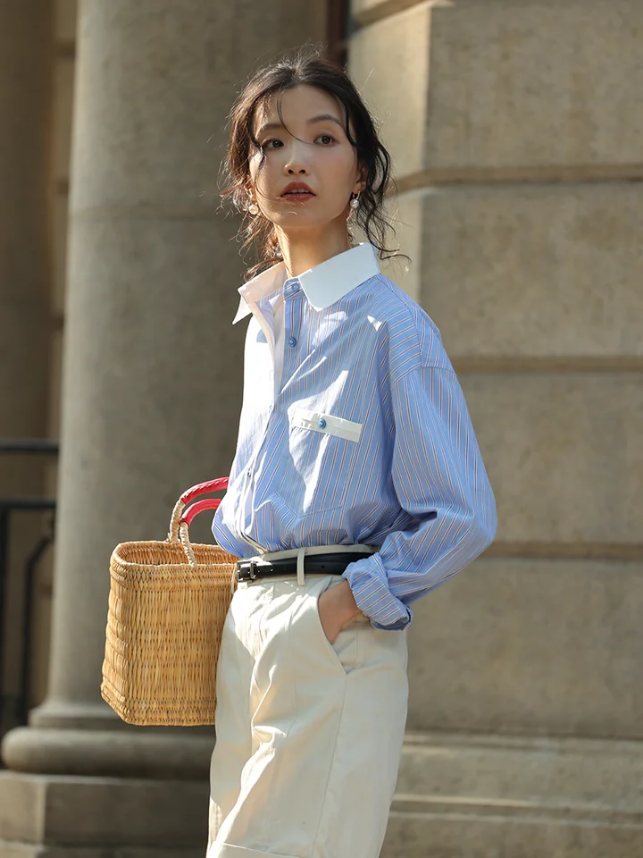 ゆったりしたトップス 女性用 フランス風バイカラーストライプ ミディ丈 オリジナルデザイン