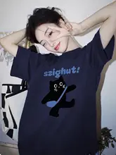 大人可愛いデザイン！カートゥーンキャットプリントのコットンTシャツ【ラウンドネック・半袖・濃紺・大きいサイズ】