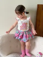 2点セット トップス スカート キッズ ガールズ ポニー柄 チェック柄 パフスリーブ 薄手 キュート 夏