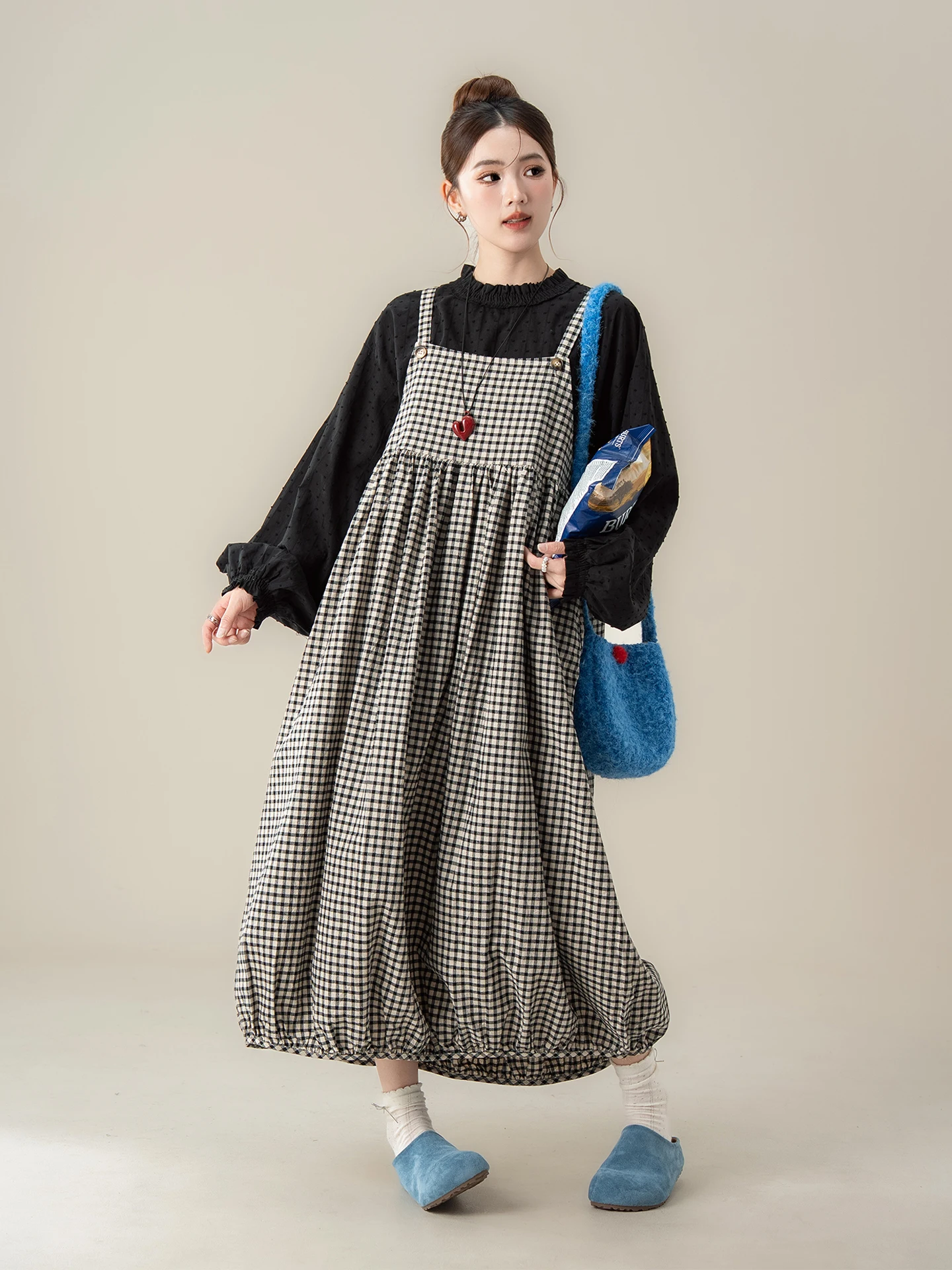 レディースサロペット 人気ブランド Nurture One ブラックヴィンテージチェック花苞スカートセットアップ対応