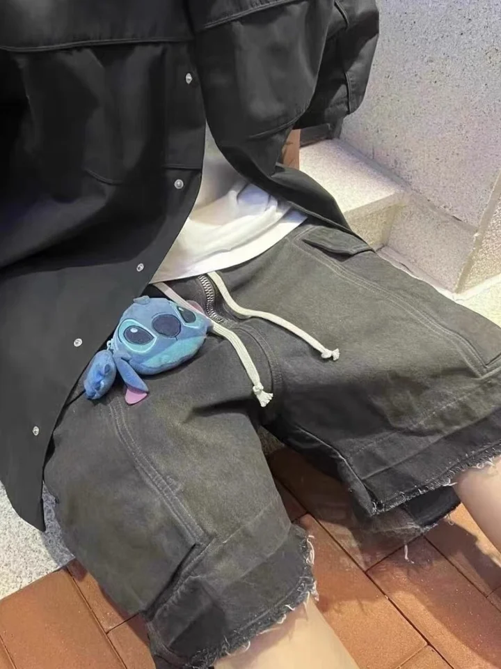 ROSスタイル ウォッシュ加工ジッパー付き グレーヘザー 多ポケット ワーク風 抽引紐付き デニムショートパンツ 男女兼用