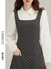 春のビンテージ風ドット柄サロペットワンピース【シャツ付き・高級感・春用】（セットアップ対応）
