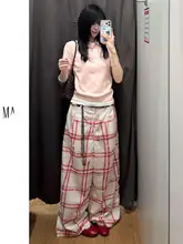 アメリカンレトロチェック柄カジュアルパンツ【ゆったりしたフィット・春夏用・レディース】