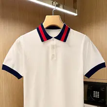 夏季ファッショナブルなカラー切替ポロシャツ【ニット・短袖・白色】