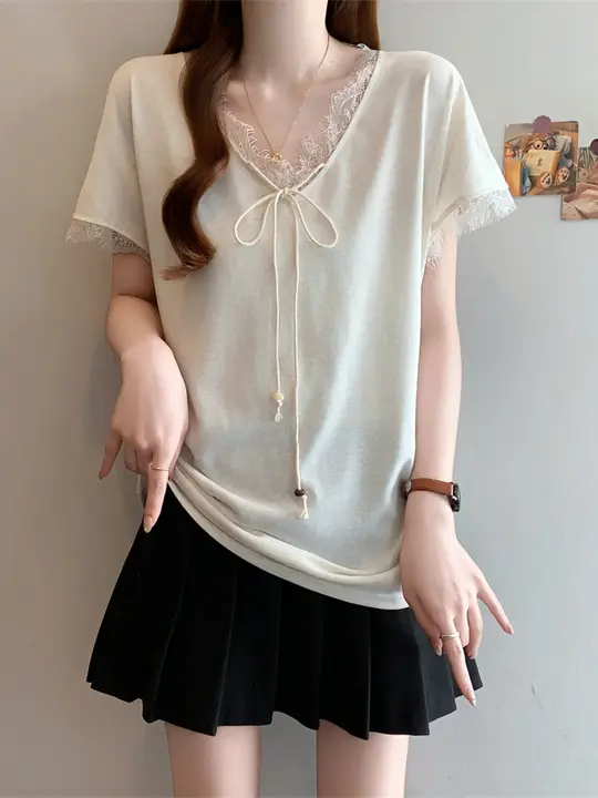 大きいサイズ レディース レース切替Vネックリボン付き短袖Tシャツ【夏用・透湿・体型カバー・大人カジュアル】
