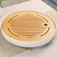陶器製 丸型茶盤【シンプルデザイン・竹製トレイ】