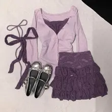 レースデザインの紫色ワンピース【春夏用・気品あるスタイル・ショートスカート・セットアップ対応】