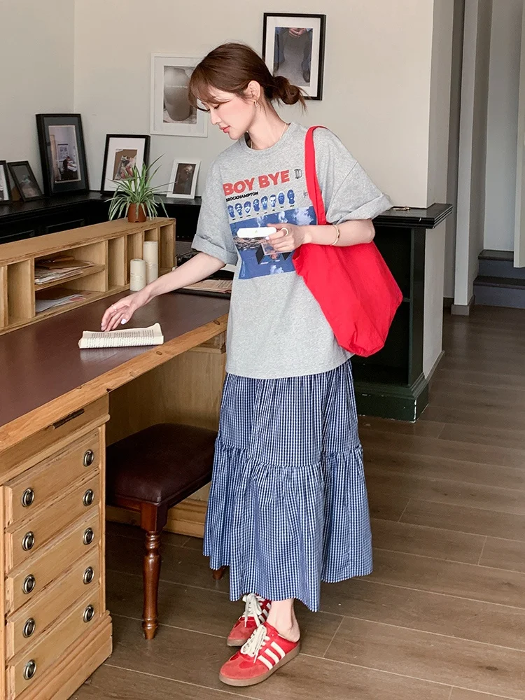 6月・8月・9月に着るおすすめのカジュアルセットアップ：千姿倩の夏用格子Tシャツとスカート