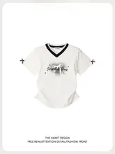デザイン性のあるレースVネック短袖Tシャツ【女性用・フィット感・ショート丈】