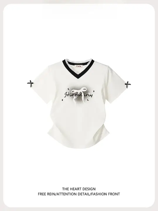 デザイン性のあるレースVネック短袖Tシャツ【女性用・フィット感・ショート丈】