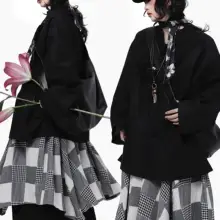 スカート レディース コットンリネン 黒白チェック柄 パッチワーク Aライン ミディ丈 ヴィンテージ 春