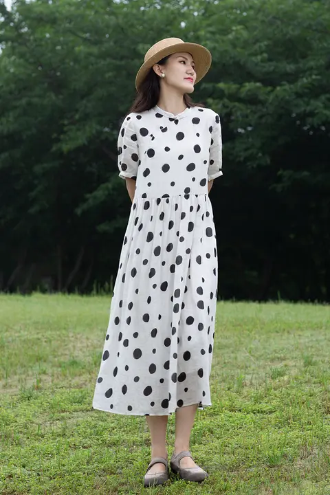 新中式デザインのドット柄立襟ワンピース【麻素材・夏用】（セットアップ対応）