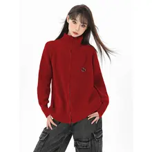 赤色タートルネックニットカーディガン【秋冬用・厚手・レディース】