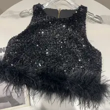 小香風ファーエッジ光沢チェーンジッパータンクトップ【冬用・ラメ装飾・女性用】