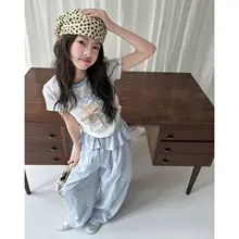 2点セット キッズ ガールズ 半袖Tシャツ ワイドパンツ カートン柄 韓流 甘め 着回し 夏