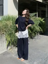 深青色刺繍レース切り替えTシャツ＆ワイドパンツ【春夏・デザイン・体型カバー】（セットアップ対応）