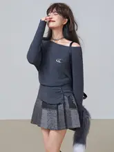 スラントショルダーのリブニットトップス【女性用・ボディラインにフィット・秋冬用】