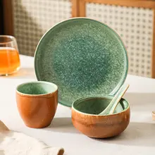 和風陶器の食器セット【米飯用ボウル・ティーカップ・スプーン・四点構成】（セットアップ対応）