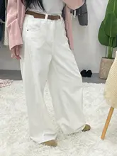 薄手フリース使用の米白色ワイドレッグデニムパンツ【高腰・ストレート・秋用】
