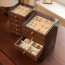 木製ジュエリーボックス【大容量・高級感あるデザイン・イヤリング・リング収納用・アクリル製・多層収納】